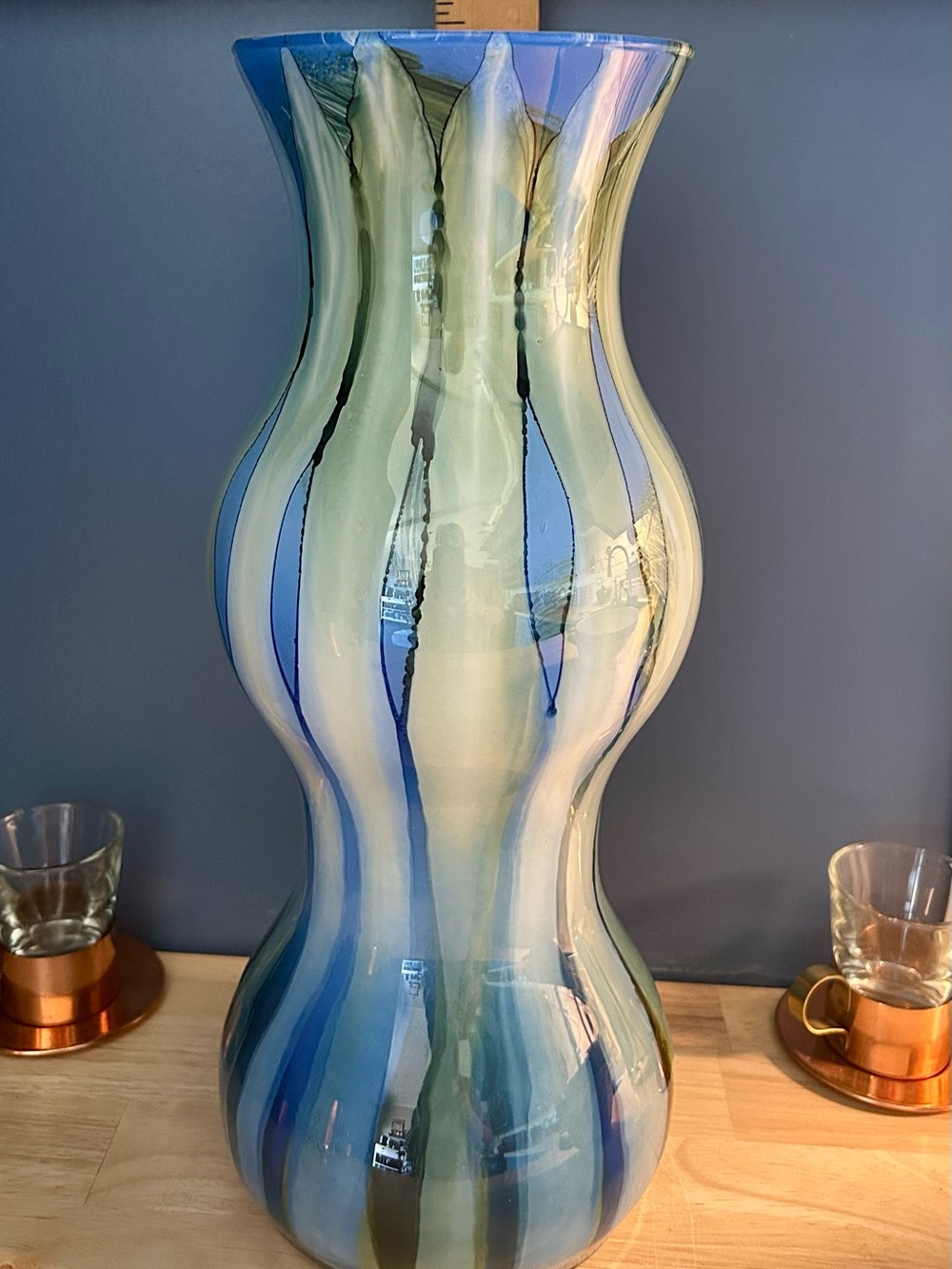 Large 16” Art Glass Vase Blue Green Striped Hourglass Modern Decorative Vessel